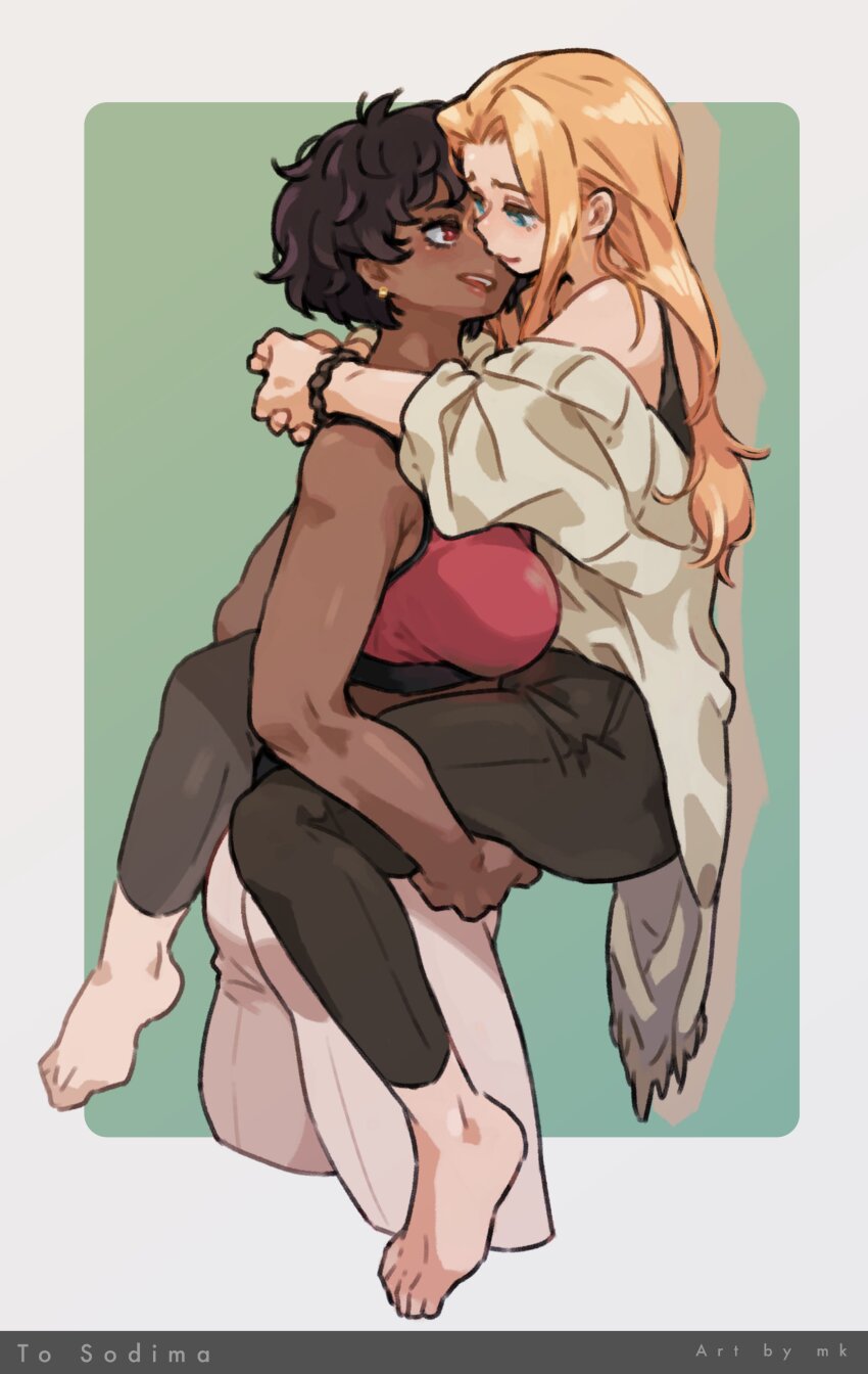 2girls absurdres artist_name barefoot black_hair blonde_hair blue_eyes borrowed_character breasts carrying carrying_person cassidy_(xodima) cropped_legs dark-skinned_female dark_skin earrings eye_contact feet ginika_(xodima) green_background highres hug interracial jewelry large_breasts long_hair looking_at_another m_k military_vehicle motor_vehicle multiple_girls open_mouth original pants red_eyes short_hair simple_background smile tank yuri
