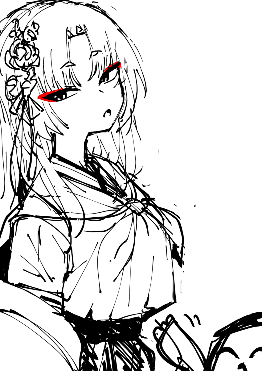 1boy 1girl blue_archive doodle_sensei_(blue_archive) greyscale highres japanese_clothes kimono long_hair looking_at_viewer monochrome sensei_(blue_archive) simple_background sin_seishun white_background yukari_(blue_archive)