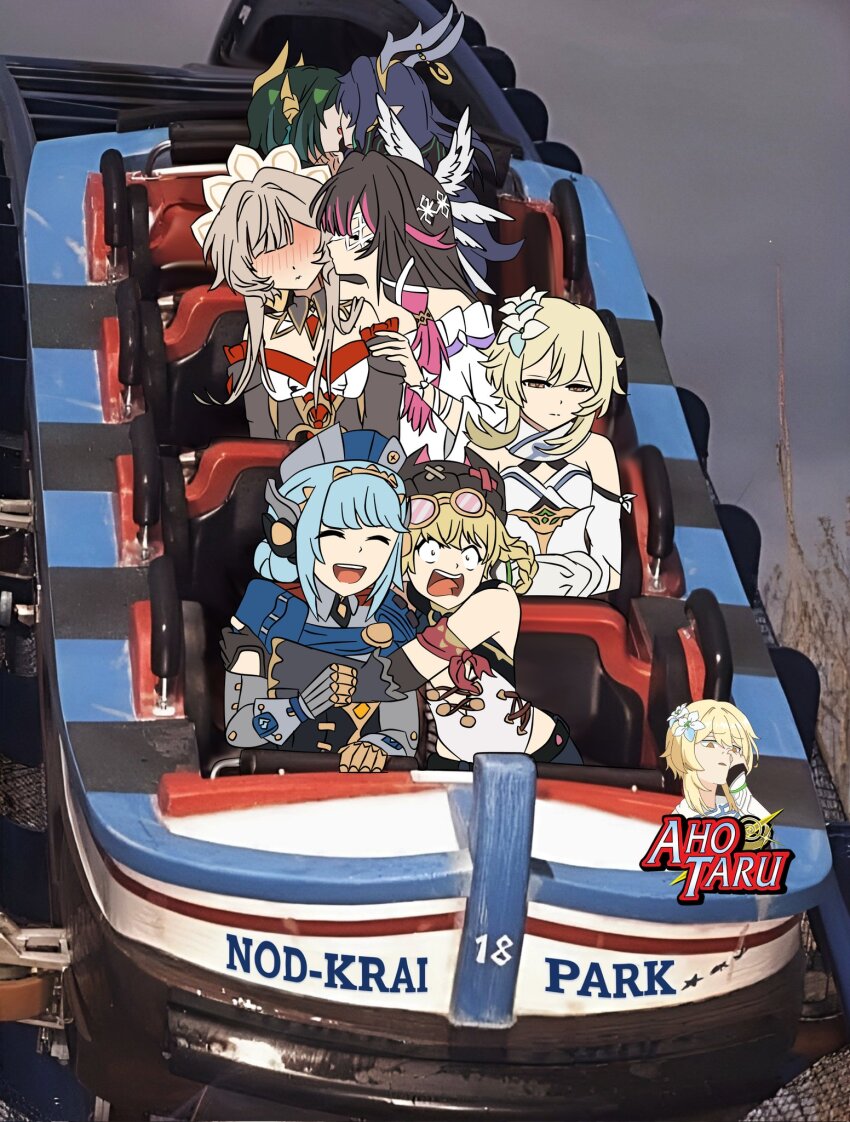 6+girls ahotaru3 ancient_egyptian_clothes android antlers blonde_hair blue_hair blush breasts closed_eyes closed_mouth columbina_(genshin_impact) constricted_pupils deer_antlers dress eye_contact eye_mask flower genshin_impact green_hair green_streaks hair_between_eyes hair_ornament highres horns hug ineffa_(genshin_impact) jahoda_(genshin_impact) joints kiss lauma_(genshin_impact) long_hair looking_at_another lumine_(genshin_impact) mask mechanical_arms mechanical_legs metal_skin multicolored_hair multiple_girls multiple_wings nefer_(genshin_impact) open_mouth prosthesis prosthetic_arm robot robot_ears robot_girl robot_joints sandrone_(genshin_impact) scared scarf screaming short_hair_with_long_locks shouting snake_girl teeth white_dress white_scarf wide-eyed wings x-shaped_eyewear yellow_eyes yuri