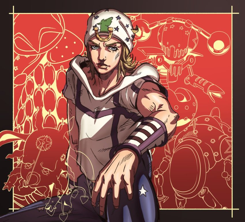 1boy beanie blonde_hair blue_pants closed_mouth grandguerrilla grey_eyes hand_on_own_knee hat hood hood_down hoodie johnny_joestar jojo_no_kimyou_na_bouken looking_at_viewer male_focus pants shirt short_sleeves sitting solo steel_ball_run tusk_(stand) tusk_act1 tusk_act2 tusk_act3 tusk_act4 white_shirt