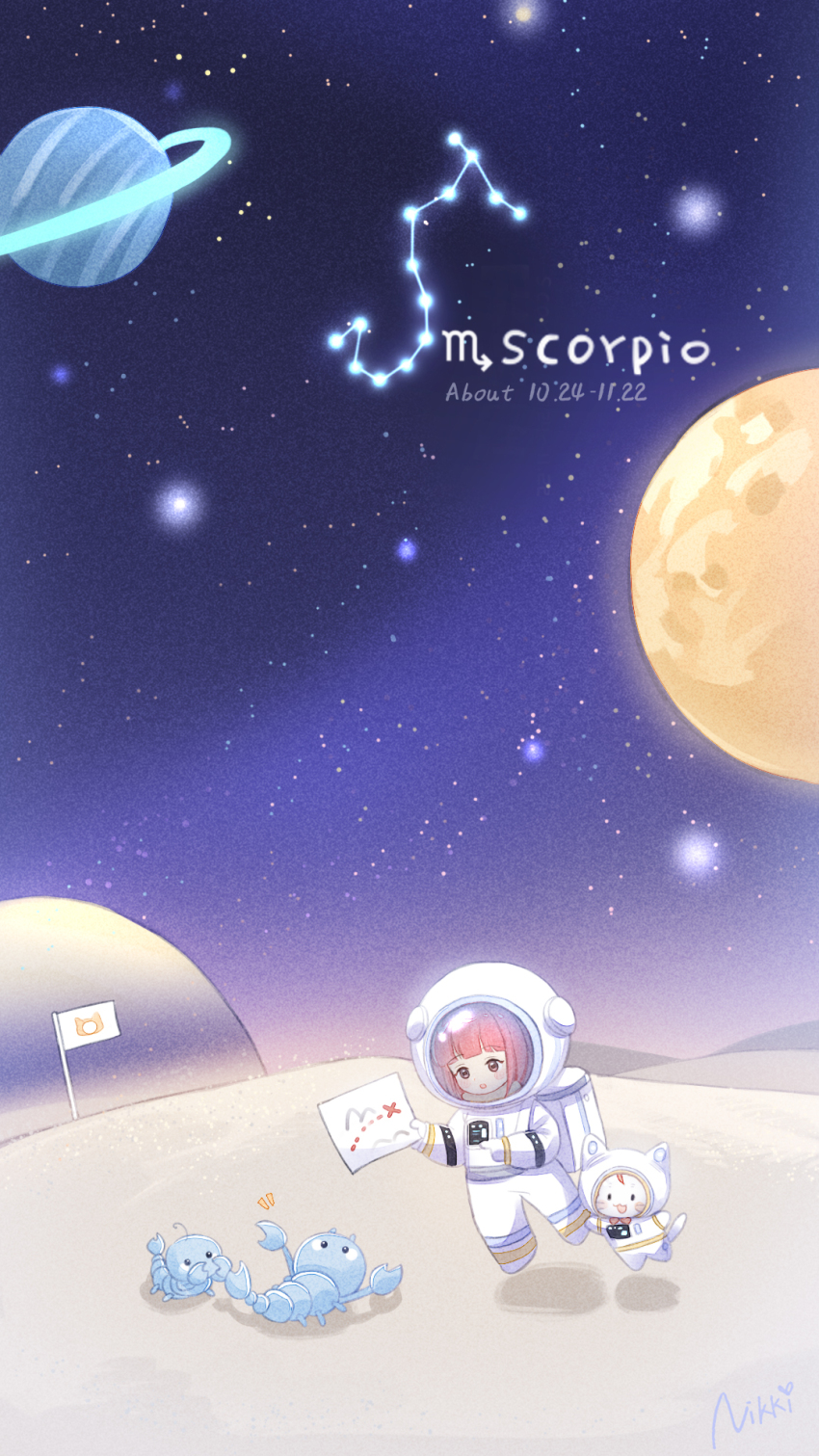 1girl blush brown_eyes cat character_name commentary dated dated_commentary english_commentary flag helmet highres holding holding_map jupiter_(planet) map miracle_nikki momo_(nikki) nikki_(nikki) nikki_(series) official_art open_mouth pink_hair planet pointing sand_dune saturn_(planet) scorpio_(symbol) scorpio_(zodiac) scorpion scorpius_(constellation) shining_nikki signature sky space space_helmet spacesuit star_(sky) starry_sky white_cat zodiac