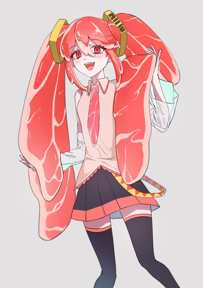 1girl bad_id bad_twitter_id blush collared_shirt detached_sleeves food-themed_clothes food-themed_hair hair_ornament hatsune_miku highres holding holding_own_hair long_hair long_sleeves maeng_0122 necktie niku_miku_(nankai) open_mouth pleated_skirt raw_meat red_eyes red_hair see-through_clothes see-through_sleeves shirt skirt sleeveless sleeveless_shirt smile solo thighhighs twintails very_long_hair vocaloid