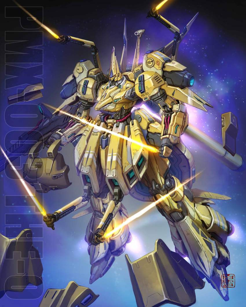 absurdres energy_sword character_name extra_arms flying full_body gundam highres holding holding_sword holding_weapon maeda_hiroyuki mecha mobile_suit no_humans purple_eyes redesign robot science_fiction space sword the_o_(mobile_suit) weapon zeta_gundam
