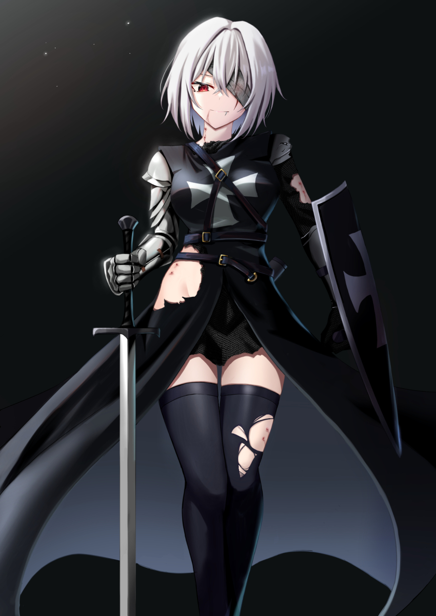 bandages bandages_over_eyes commission cross cross_patty fang fangs highres jiseki_rena knight looking_at_viewer original pantyhose pixiv_commission red_eyes thighs vampire white_hair