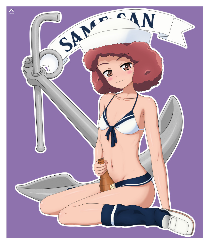 1girl absurdres acrux anchor artist_logo beer_bottle bikini black_socks bottle breasts closed_mouth commentary curly_hair dated dixie_cup_hat english_commentary front-tie_bikini_top front-tie_top girls_und_panzer groin halterneck hat highres holding holding_bottle loafers logo looking_at_viewer loose_socks military_hat navel outline purple_background red_eyes red_hair romaji_text rum_(girls_und_panzer) shoes short_hair sitting small_breasts smile socks solo swimsuit text_background translated wariza white_bikini white_hat white_outline white_shoes