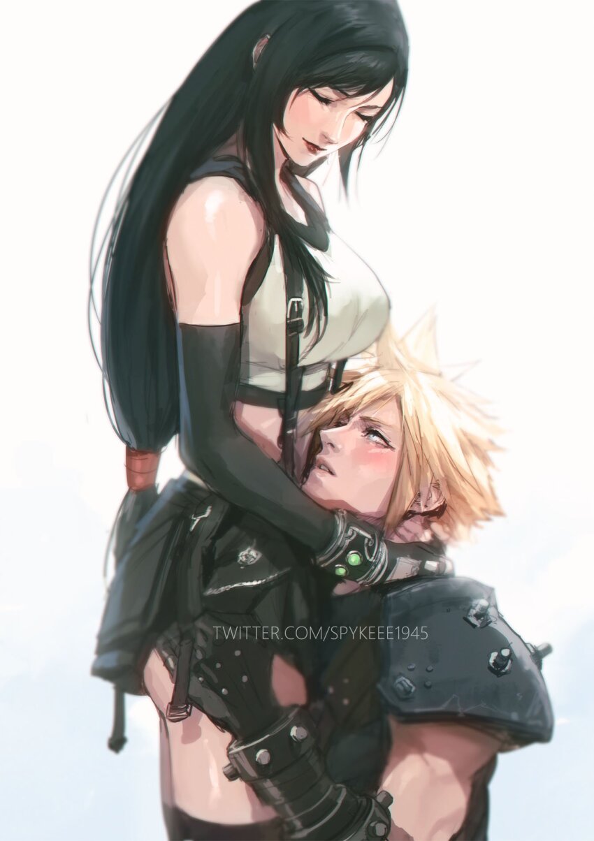 1boy 1girl armor ass_peek bare_shoulders black_hair black_skirt blonde_hair blue_eyes breasts closed_eyes cloud_strife crop_top earrings elbow_gloves final_fantasy final_fantasy_vii final_fantasy_vii_remake fingerless_gloves gloves highres jewelry large_breasts long_hair low-tied_long_hair parted_bangs short_hair shoulder_armor skirt sleeveless smile spiked_hair spykeee suspenders tank_top tifa_lockhart turtleneck