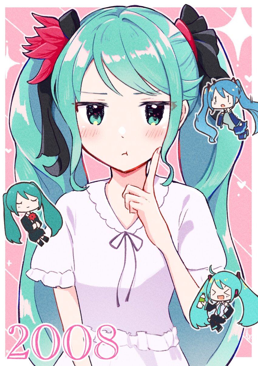 &gt;_&lt; 2008 4girls aoiyui aqua_eyes aqua_hair black_ribbon blue_hair closed_eyes feathers finger_to_cheek flower frilled_shirt frills hatsune_miku hatsune_miku_(saihate) hatsune_miku_(supreme) hatsune_miku_no_shoushitsu_(vocaloid) highres jitome multiple_girls multiple_persona pink_background poppippoo_(vocaloid) pout red_feathers red_flower ribbon saihate_(vocaloid) shirt vocaloid white_shirt world_is_mine_(vocaloid)