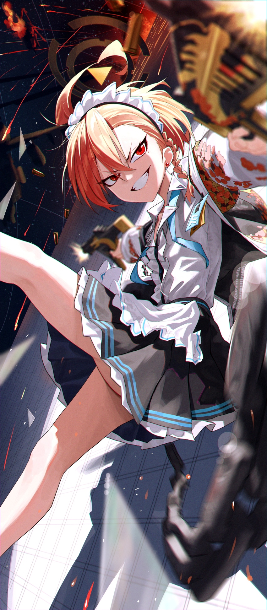 1girl absurdres ahoge apron battle black_halo blue_archive blurry braid center_frills chain chinese_commentary commentary_request depth_of_field dual_wielding dutch_angle earrings evil_grin evil_smile feet_out_of_frame fighting_stance film_grain firing floral_print floral_print_jacket frilled_apron frilled_shirt frills grin gun halo highres holding holding_gun holding_weapon huge_ahoge id_card indoors jacket jewelry looking_at_viewer midair muzzle_flash neru_(blue_archive) night open_clothes open_jacket orange_hair outstretched_arms print_jacket re_naya red_eyes shirt short_hair single_braid smile solo stud_earrings sukajan tsurime v-shaped_eyebrows weapon white_apron white_jacket white_shirt window