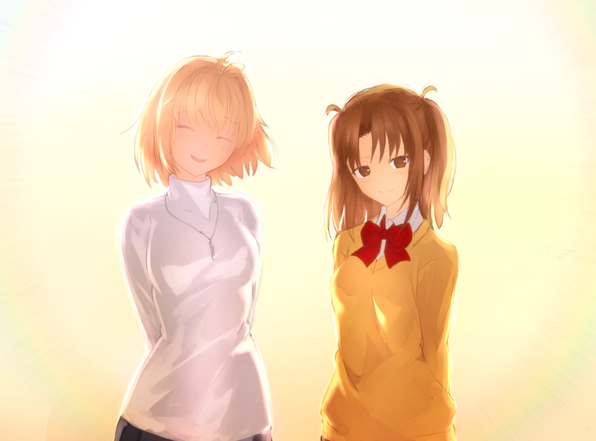 2girls ahoge arcueid_brunestud arms_behind_back blonde_hair blue_skirt blush bow bowtie breasts brown_eyes brown_hair burleciel closed_mouth floating_hair happy highres jewelry looking_at_viewer medium_breasts multiple_girls necklace open_mouth red_bow red_bowtie shirt short_hair sidelocks skirt smile sweater tsukihime tsukihime_(remake) turtleneck turtleneck_sweater yellow_shirt yumizuka_satsuki