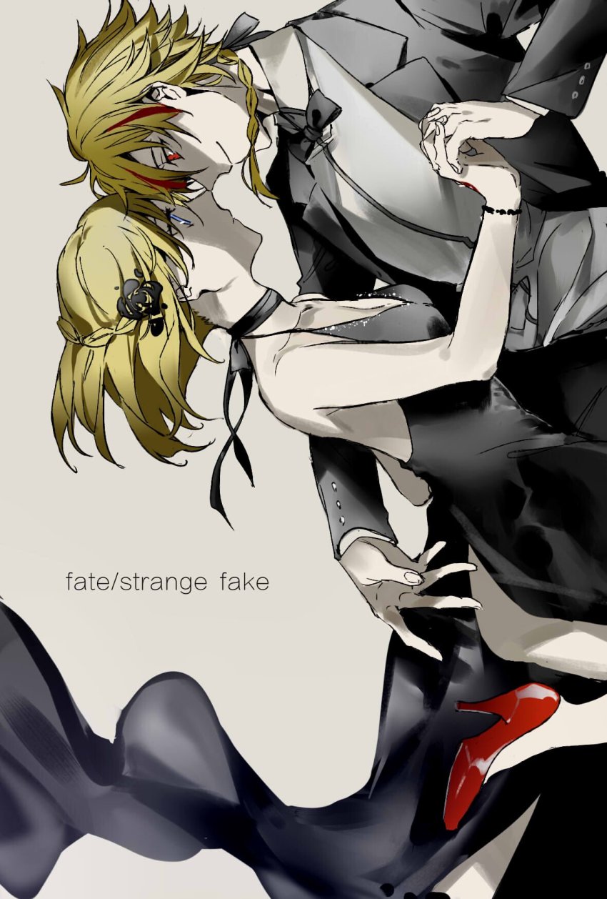1boy 1girl black_dress black_flower black_rose black_theme blonde_hair blue_eyes bow bowtie braid business_casual copyright_name dancing dress fate/strange_fake fate_(series) floating_clothes flower formal_clothes french_braid hair_flower hair_ornament highres jacket multicolored_hair red_eyes redoxhn richard_i_(fate) rose sajou_ayaka_(fate/prototype) sajou_ayaka_(fate/strange_fake) side_slit sideways streaked_hair suit suit_jacket tuxedo