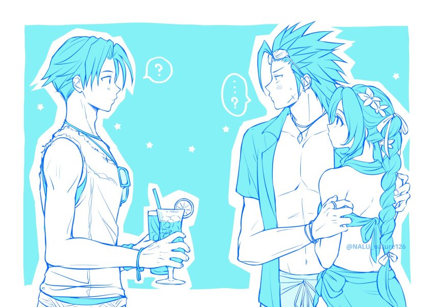 ... 1girl 2boys ? aerith_gainsborough aged_down angeal_hewley bare_shoulders bikini braid braided_ponytail commentary_request cross_scar drink drinking_straw facial_scar final_fantasy final_fantasy_vii final_fantasy_vii_ever_crisis from_side hand_on_another&#039;s_shoulder highres holding holding_drink jewelry long_hair looking_at_another multiple_boys nalu necklace open_clothes open_shirt parted_bangs pectorals profile ring sarong scar scar_on_cheek scar_on_face short_hair spiked_hair spoken_ellipsis spoken_question_mark sweatdrop swimsuit twitter_username upper_body zack_fair
