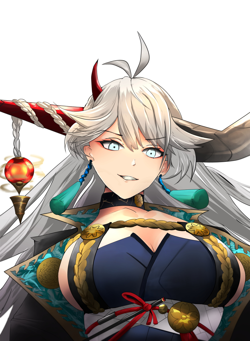 1girl absurdres asymmetrical_horns azur_lane beefusteku black_choker breasts choker cleavage earrings grey_hair hakuryuu_(azur_lane) highres horns huge_breasts jewelry large_breasts looking_at_viewer mismatched_horns simple_background solo teeth upper_body white_background white_eyes white_hair