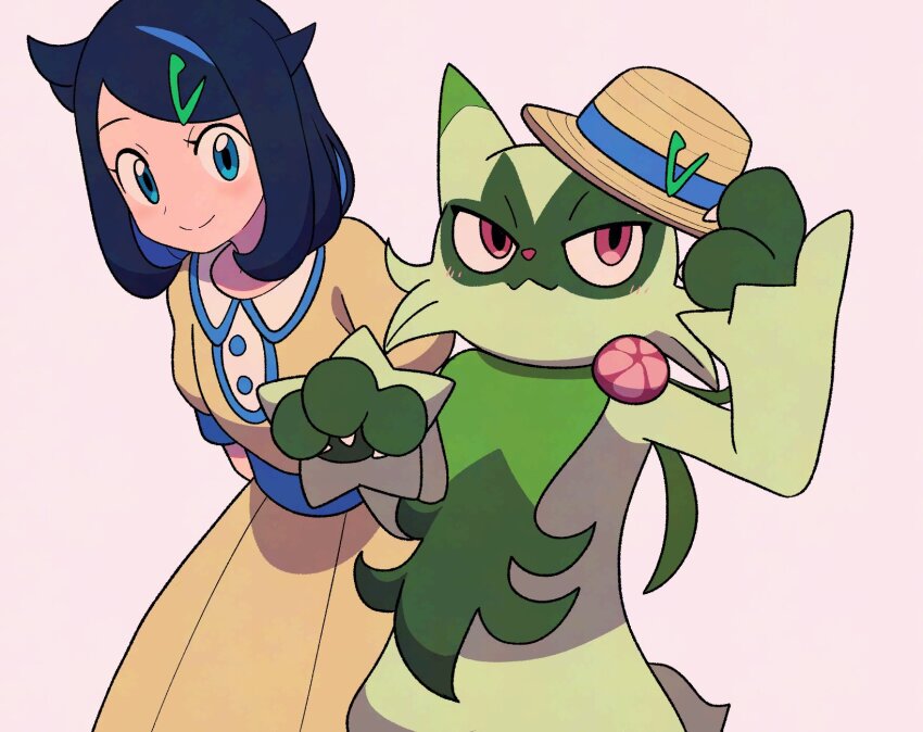 1girl arms_behind_back black_hair blue_eyes borrowed_accessory buttons closed_mouth collared_dress colored_inner_hair cowlick dress eyelashes floragato hair_ornament hairclip hashtag-only_commentary hat highres liko_(pokemon) medium_hair multicolored_hair nintendo pokemon pokemon_(anime) pokemon_(creature) pokemon_horizons short_sleeves simple_background smile split_mouth swept_bangs tyako_089 yellow_dress