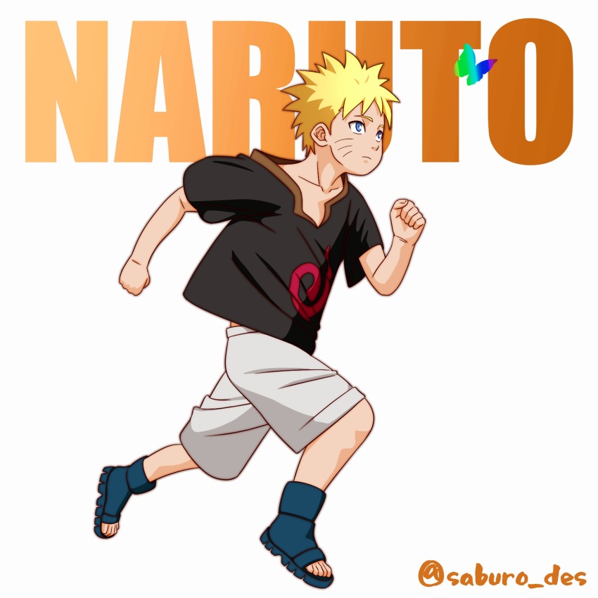 1boy ankle_boots black_boots black_shirt blonde_hair blue_eyes boots bug butterfly child collarbone copyright_name facial_mark full_body highres insect looking_at_animal naruto_(classic) naruto_(series) open-toe_boots running saburo_des shirt short_hair shorts spiked_hair spiral_print twitter_username uzumaki_naruto whisker_markings white_background white_shorts