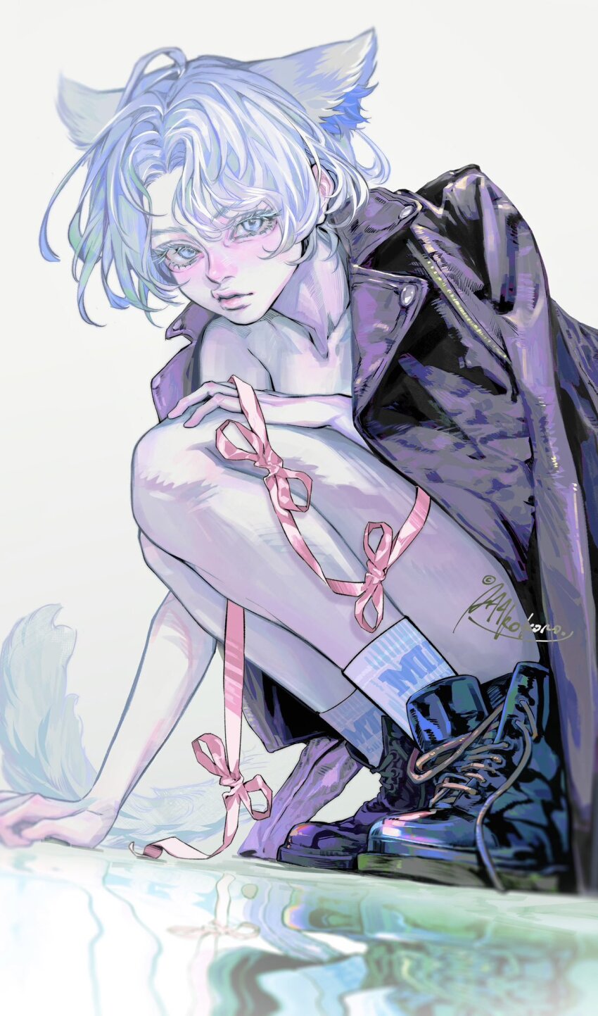 1other aaakokoro aegyo_sal albino androgynous animal_ears ankle_socks artist_name black_boots black_jacket blurry blush boots colored_eyelashes curtained_hair depth_of_field different_reflection ears_back from_below hand_on_ground hand_on_own_knee highres holding holding_ribbon jacket jacket_on_shoulders knees_up lapels leather leather_jacket leg_ribbon legs_together lipgloss lips looking_at_viewer nose nose_blush open_hand original other_focus pink_ribbon reflection ribbon shiny_footwear short_hair socks solo squatting tail topless_other tube_socks unkempt untied_shoelaces white_background white_socks white_tail wolf_tail