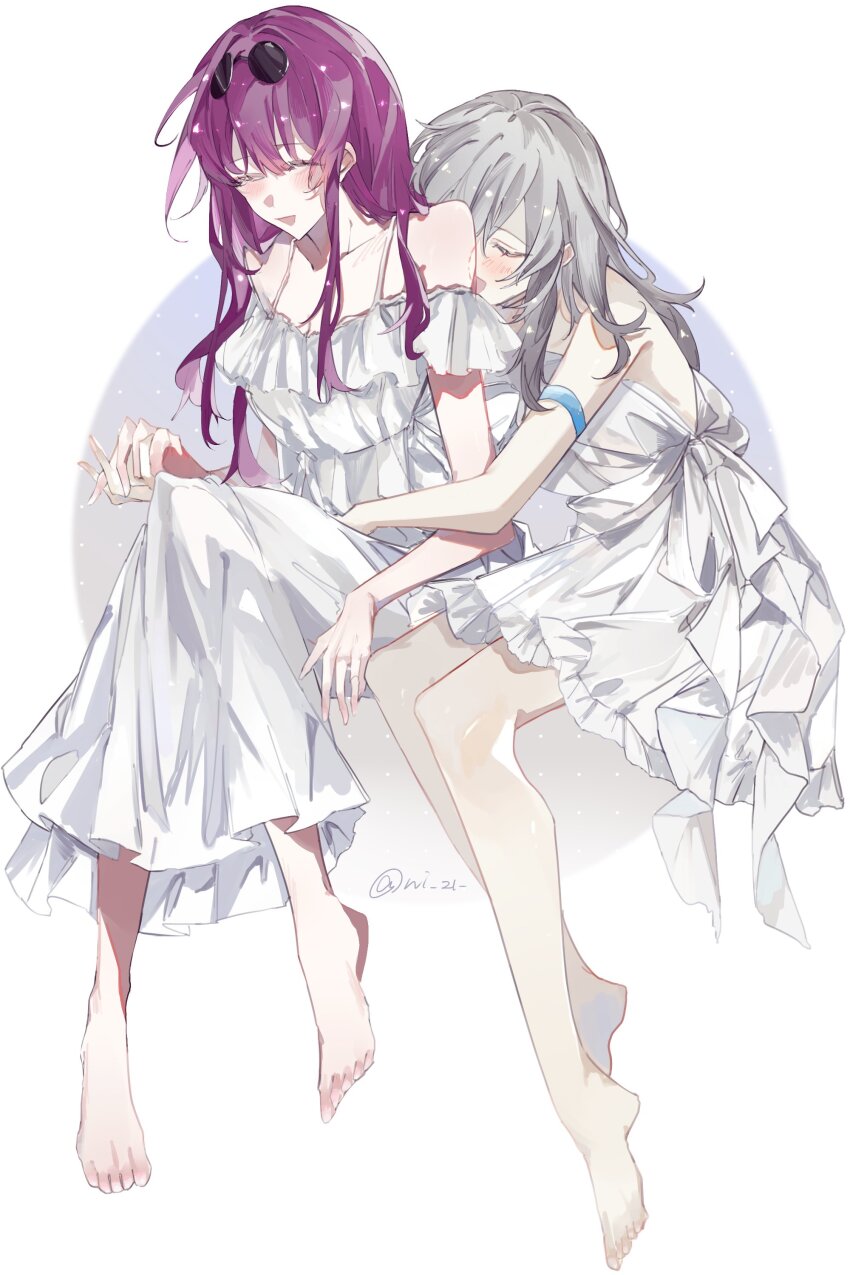 2girls absurdres bare_shoulders barefoot bite_mark bite_mark_on_shoulder blush closed_eyes commentary dress full_body grey_hair hashtag-only_commentary highres holding_hands honkai:_star_rail honkai_(series) interlocked_fingers kafka_(honkai:_star_rail) long_hair multiple_girls off-shoulder_dress off_shoulder open_mouth purple_hair sitting smile stelle_(honkai:_star_rail) toes trailblazer_(honkai:_star_rail) tugu_pi twitter_username two-tone_background white_background white_dress yuri