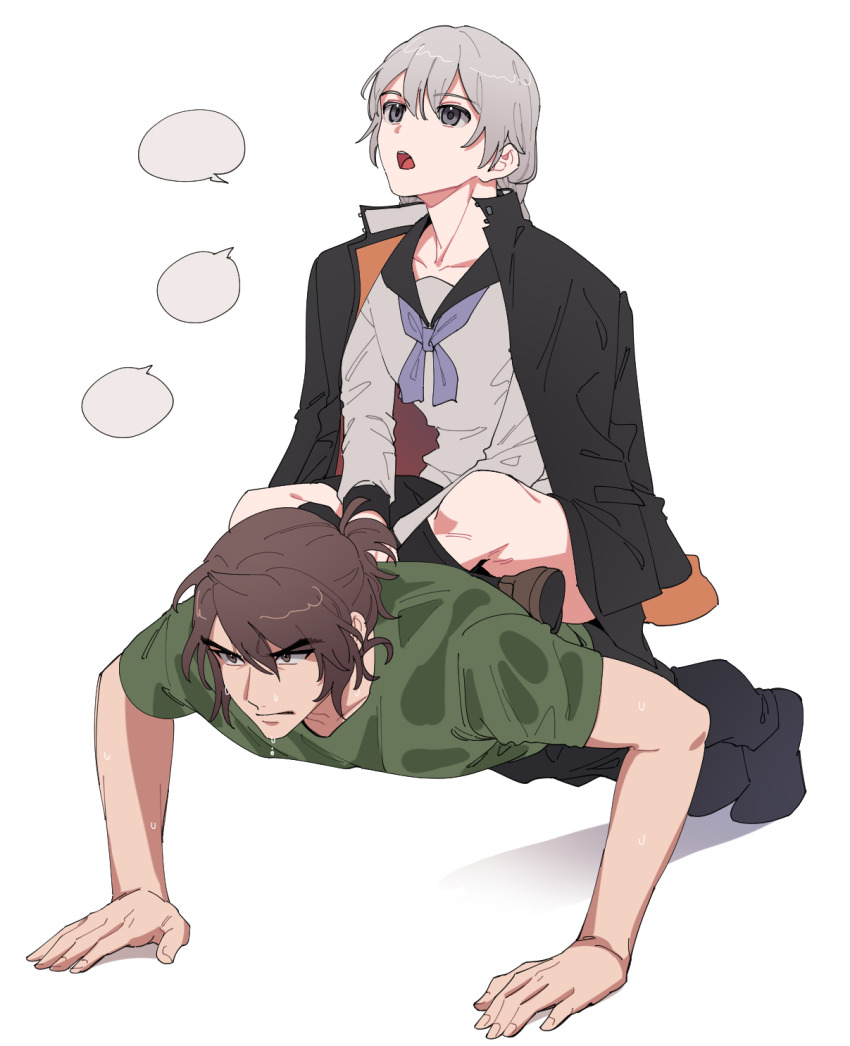 2boys black_jacket braid brown_hair crossdressing elulit2 exercising gakuran green_shirt grey_eyes grey_serafuku highres hijiyama_takatoshi jacket juusan_kihei_bouei_ken multiple_boys neckerchief okino_tsukasa oversized_clothes purple_neckerchief push-ups school_uniform serafuku shirt sitting sitting_on_person sweat sweatdrop talking training trap white_hair wig