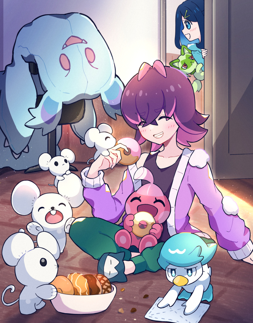2girls :d ^_^ blue_eyes blue_hair bowl cat closed_eyes colored_skin commentary_request donut dot_(pokemon) food green_pants hair_ornament hairclip haru_(haruxxe) highres indoors liko_(pokemon) long_sleeves maushold maushold_(family_of_four) medium_hair mouse_(animal) multicolored_hair multiple_girls nidothing nintendo open_door open_mouth pants pink_hair pokemon pokemon_(anime) pokemon_(creature) pokemon_horizons purple_hair quaxly red_eyes sitting sleeves_past_wrists smile solid_oval_eyes sprigatito teeth tinkatink two-tone_hair white_skin