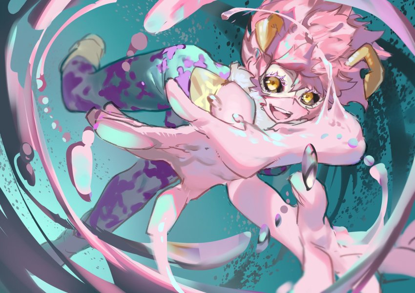 1girl acid afro akiyama_yoko ashido_mina bare_arms bare_shoulders black_sclera blue_background bodysuit boku_no_hero_academia colored_sclera colored_skin curly_hair female_focus fighting fur_trim highres looking_at_viewer open_mouth pink_hair pink_skin short_hair sleeveless solo solo_focus teeth tongue yellow_eyes