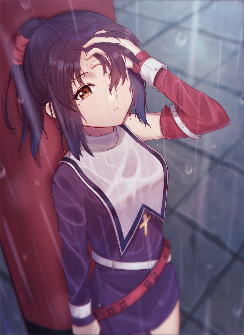 1girl absurdres arm_at_side belt black_dress black_hair blush brown_hair commentary cowboy_shot cross crying crying_with_eyes_open detached_sleeves dress eyelashes film_grain flowingcrescent hair_over_one_eye hand_up highres isurugi_chie kira_kira looking_up medium_hair mole mole_under_eye one_eye_covered outdoors parted_lips ponytail rain red_belt red_sleeves sidelocks signature solo standing straight_hair streaming_tears tears wet wet_clothes