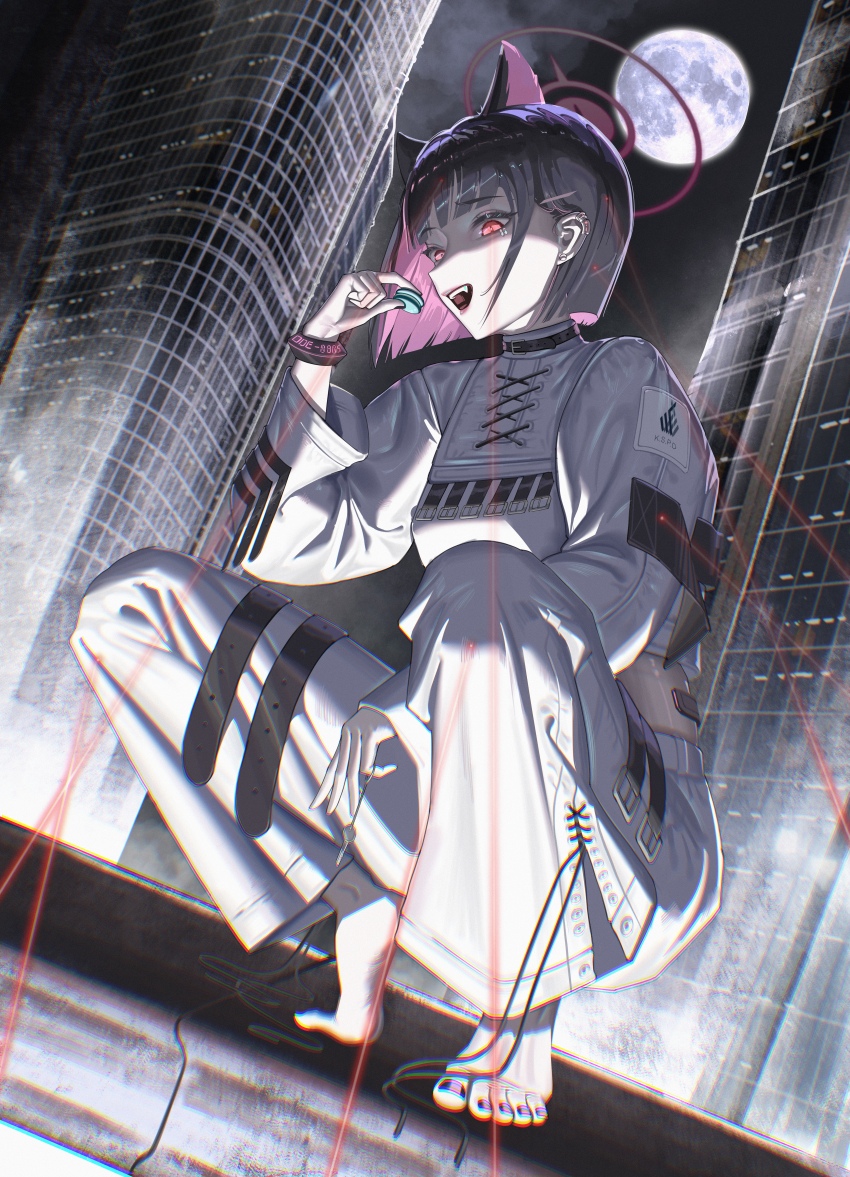1girl absurdres animal_ears barefoot black_hair blue_archive blunt_bangs blunt_ends cat_ears cat_girl chojja extra_ears fang food from_below highres holding holding_food jacket kazusa_(blue_archive) macaron nail_polish open_clothes pants pink_hair pinned purple_nails shaded_face short_hair sidelocks solo teeth toenail_polish toenails toes upper_teeth_only white_jacket white_pants wristband