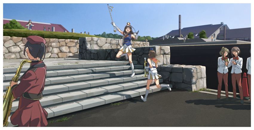6+girls band_uniform beret black_hair brown_hair calling dress fuyuhino hat hedge hibike!_euphonium holding holding_instrument holding_saxophone house instrument jacket long_hair marching_band marching_band_baton multiple_girls nakaseko_kaori ogasawara_haruka pants people ponytail red-framed_eyewear red_dress red_hat red_pants running saxophone short_hair smile stairs tanaka_asuka trumpet white_jacket wide_shot