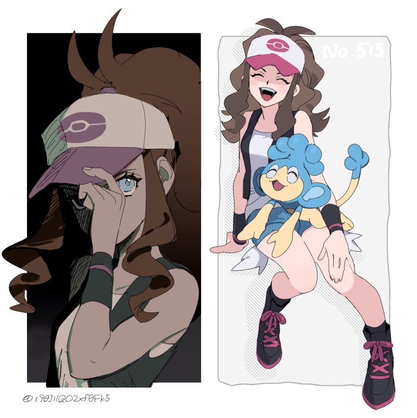1girl :d antenna_hair baseball_cap black_footwear black_vest boots brown_hair closed_eyes commentary_request gen_5_pokemon hat highres hilda_(pokemon) long_hair miyage_no_nukegara multiple_views nintendo on_lap open_mouth panpour pokemon pokemon_(creature) pokemon_bw pokemon_on_lap shirt shorts sidelocks sleeveless sleeveless_shirt smile teeth tongue upper_teeth_only vest white_hat white_shirt