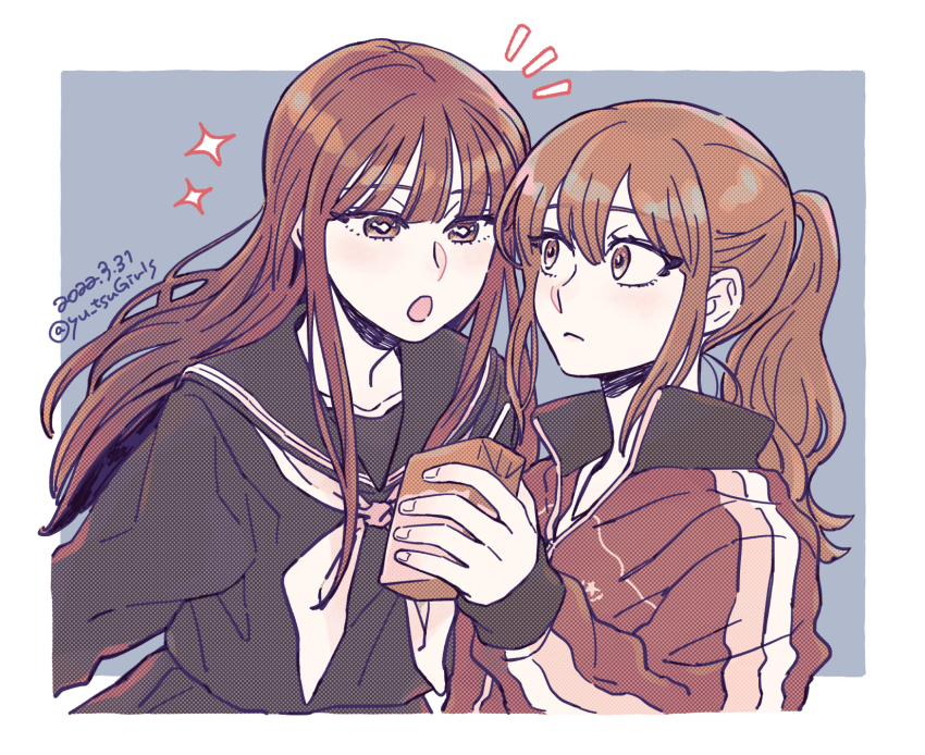2girls :o dated enoki_sachi highres holding jacket juice_box long_hair medium_hair multiple_girls okujou_no_yurirei-san pe88y_(yu_tsugirls) ponytail school_uniform serafuku straw toomi_yuna twitter_username upper_body