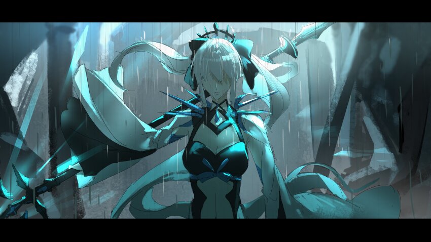 1girl absurdres aoku_mire black_bow bow fate/grand_order fate_(series) hair_between_eyes hair_bow highres long_hair long_sleeves morgan_le_fay_(fate) morgan_le_fay_(third_ascension)_(fate) polearm ponytail rain solo spear spikes tiara weapon white_hair