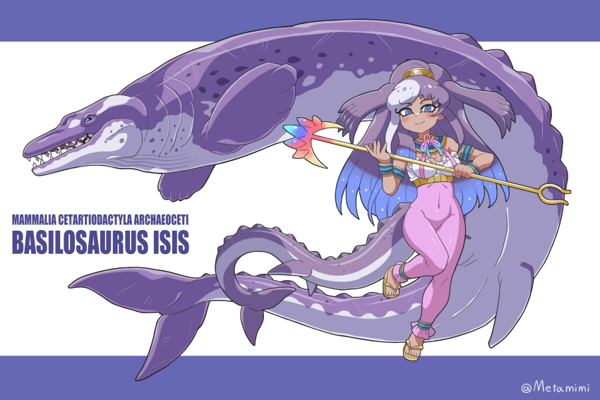 armband bare_shoulders basilosaurus_isis_(kemono_friends) blue_eyes blue_hair cetacean_tail dark-skinned_female dark_skin fins fish_tail frilled_shirt frills gold_sandals head_fins high-waist_leggings highres kemono_friends kemono_friends_3 leggings long_hair looking_at_viewer metamimi multicolored_hair navel pink_leggings purple_hair sandals shirt sidelocks sleeveless staff tail whale whale_girl white_hair white_shirt wristband