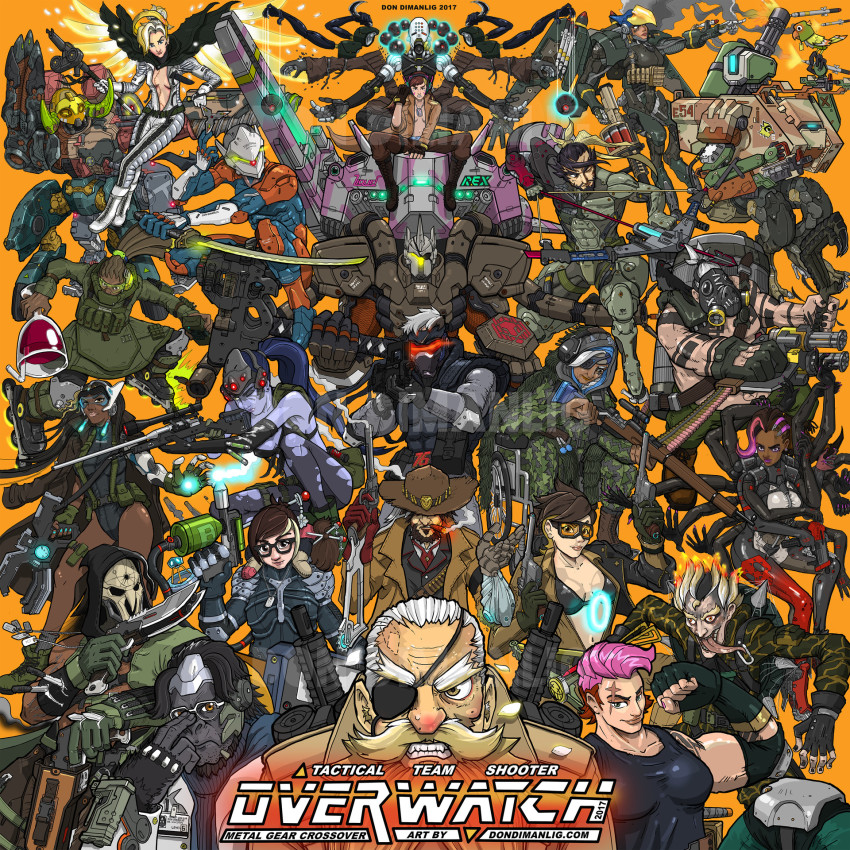 2017 6+boys 6+girls ana_(overwatch) armor artist_name assault_rifle bastion_(overwatch) beta_c-mag big_boss bikini bullpup cannon carbine cassidy_(overwatch) cigar cosplay crossover cyborg d.va_(overwatch) dark_skin don_dimanlig double-drum_magazine drum_magazine dual_wielding eva_(metal_gear) everyone eyepatch famas fat fat_man fortune_(metal_gear) ganymede_(overwatch) gatling_gun gekko_(metal_gear) genji_(overwatch) gray_fox gun gunblade h&amp;k_psg1 hal_emmerich handgun hanzo_(overwatch) high-capacity_magazine highres holding junkrat_(overwatch) liquid_snake lucio_(overwatch) m16 m231_firing_port_weapon magazine_(weapon) magnetic_weapon mei_(overwatch) meka_(overwatch) mercy_(overwatch) meryl_silverburgh metal_gear_(series) metal_gear_ray metal_gear_rex metal_gear_rising:_revengeance metal_gear_solid metal_gear_solid_2:_sons_of_liberty metal_gear_solid_4:_guns_of_the_patriots mistral_(metal_gear_rising) multiple_boys multiple_girls ninja omnic orisa_(overwatch) overwatch overwatch_1 patriot_(metal_gear) pharah_(overwatch) pistol power_armor power_suit psycho_mantis quiet_(metal_gear) raging_raven raiden_(metal_gear) railgun reaper_(overwatch) reinhardt_(overwatch) revolver_ocelot rifle roadhog_(overwatch) robot rotary_cannon safety_glasses samuel_rodrigues short-barreled_rifle sniper_rifle sniper_wolf soldier:_76_(overwatch) solid_snake sombra_(overwatch) swimsuit symmetra_(overwatch) the_boss the_end_(metal_gear) the_sorrow torbjorn_(overwatch) tracer_(overwatch) vamp_(metal_gear) vulcan_raven watermark weapon wheelchair widowmaker_(overwatch) winston_(overwatch) zarya_(overwatch) zenyatta_(overwatch)