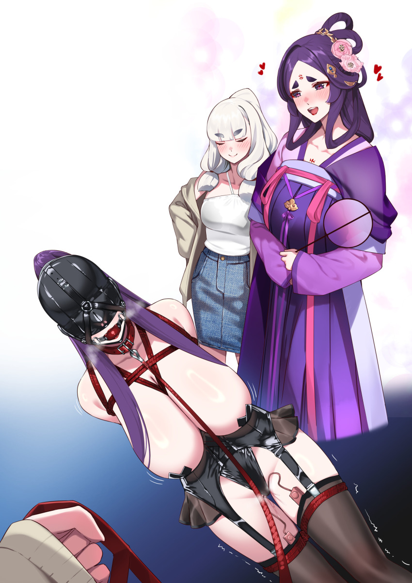 4girls absurdres alternate_costume ball_gag bdsm black_garter_belt black_leotard black_thighhighs blue_skirt bondage bound breasts chinese_clothes closed_eyes collar covered_eyes cross cross_pasties denim denim_skirt facial_mark forehead_mark gag gagged garter_belt hie_(hiememiko) hiememiko highres holding holding_leash huge_breasts kantai_collection large_breasts leash leash_pull leotard long_hair multiple_girls murakumo_(kancolle) original parted_bangs pasties ponytail public_indecency public_vibrator purple_eyes purple_hair pussy_juice red_collar remote_control_vibrator sex_toy sidelocks skirt slave smile thighhighs very_long_hair vibrator vibrator_cord vibrator_in_thighhighs vibrator_under_clothes viewer_holding_leash white_hair yuri
