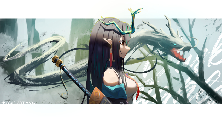 1girl absurdres arknights black_jacket dragon_girl dragon_horns dress dusk_(arknights) earrings from_side green_horns hair_over_one_eye highres horns jacket jewelry multicolored_hair necktie pointy_ears red_necktie solo streaked_hair sword tassel tassel_earrings weapon white_dress yuki_(yuki_yu_owo)