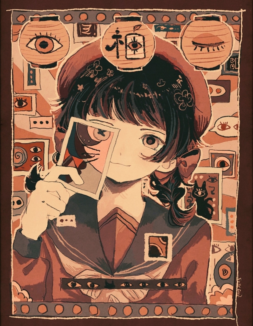 1girl :3 artist_name beret black_hair blue_sailor_collar blunt_bangs border braid brown_border brown_theme closed_mouth colored_skin disembodied_eye grey_eyes hand_up hat highres holding holding_paper holding_photo lantern light_smile medium_hair mismatched_pupils neckerchief original paper paper_lantern patterned_background photo_(object) portrait red_hat red_serafuku sailor_collar school_uniform serafuku straight-on symbol-shaped_pupils too_many_eyes twin_braids upper_body wasabi_natsume white_neckerchief white_skin x-shaped_pupils
