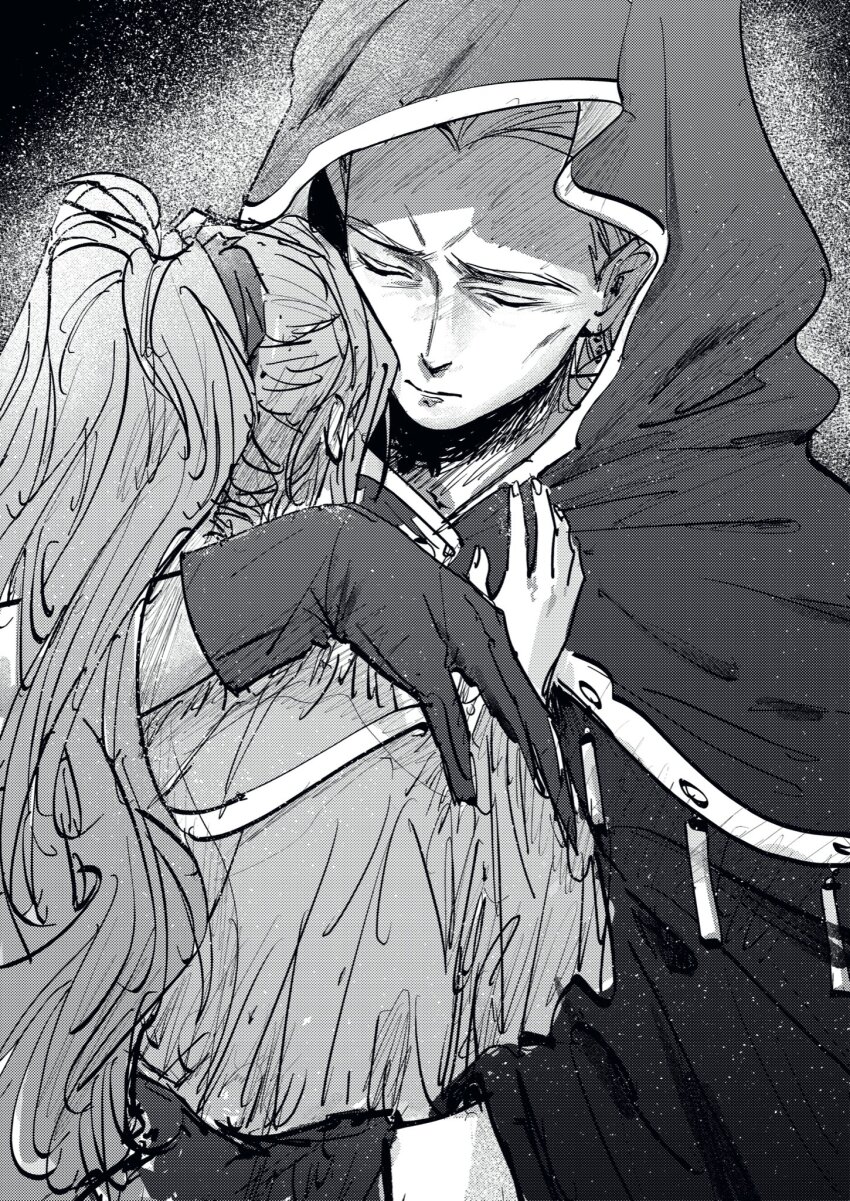 1boy 1girl amakekke arm_around_shoulder black_gloves black_robe brother_and_sister chrono_trigger closed_eyes closed_mouth earrings gloves greyscale hair_slicked_back hair_tie highres hood hood_up hooded_robe hug jewelry long_hair magus_(chrono_trigger) monochrome ponytail robe schala_zeal siblings sketch upper_body