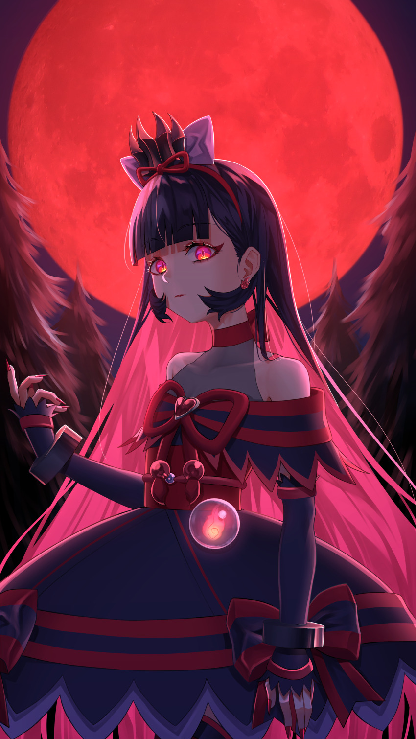 1girl aboreen absurdres black_dress black_gloves black_hair brooch closed_mouth corruption crown cure_nyammy dress earrings full_moon gloves hairband half_gloves heart heart_brooch highres jewelry long_hair magical_girl mini_crown moon nail_polish neck_ribbon nekoyashiki_yuki night night_sky off_shoulder precure purple_eyes red_hairband red_moon red_ribbon ribbon sky solo tree two-tone_dress very_long_hair wonderful_precure!