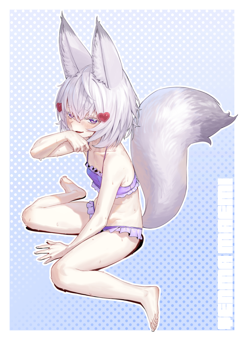 1girl absurdres agemmata animal_ear_fluff animal_ears barefoot between_legs bikini blush bob_cut character_name dripping fox_ears fox_girl fox_tail frilled_bandeau frilled_bikini frills full_body hair_ornament hand_between_legs heart heart_hair_ornament highres large_tail looking_at_viewer open_mouth phase_connect pink_eyes purple_bikini short_eyebrows short_hair sitting solo spaghetti_strap swimsuit tail tenma_maemi thick_eyebrows virtual_youtuber wariza wet white_hair white_tail