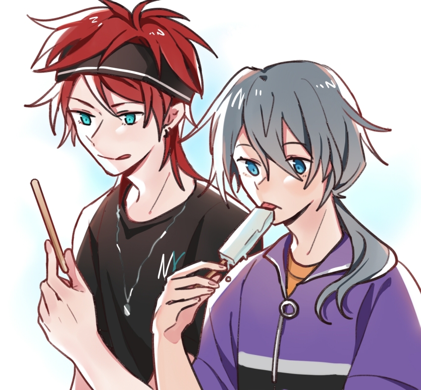 2boys :p :q amagi_rinne aqua_hair black_headband black_shirt blue_eyes chinese_commentary commentary_request ensemble_stars! food grey_hair headband height_difference highres holding holding_food holding_popsicle jacket licking low_ponytail male_focus multiple_boys orange_shirt ponytail popsicle popsicle_stick purple_jacket red_hair shiina_niki shirt short_hair short_sleeves side_ponytail smile tie_fei_wu_mang_dashuai tongue tongue_out upper_body