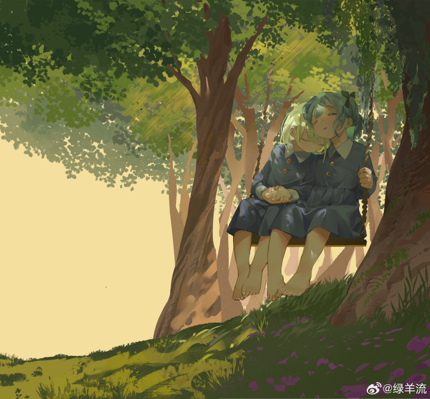 2girls absurdres bang_dream! bang_dream!_it&#039;s_mygo!!!!! barefoot blue_dress blue_eyes child chinese_commentary closed_eyes commentary_request dress flower forest grass green_hair highres holding_hands long_sleeves luyangliu multiple_girls nature on_swing outdoors pleated_dress short_hair sleeping swing togawa_sakiko tree wakaba_mutsumi yuri