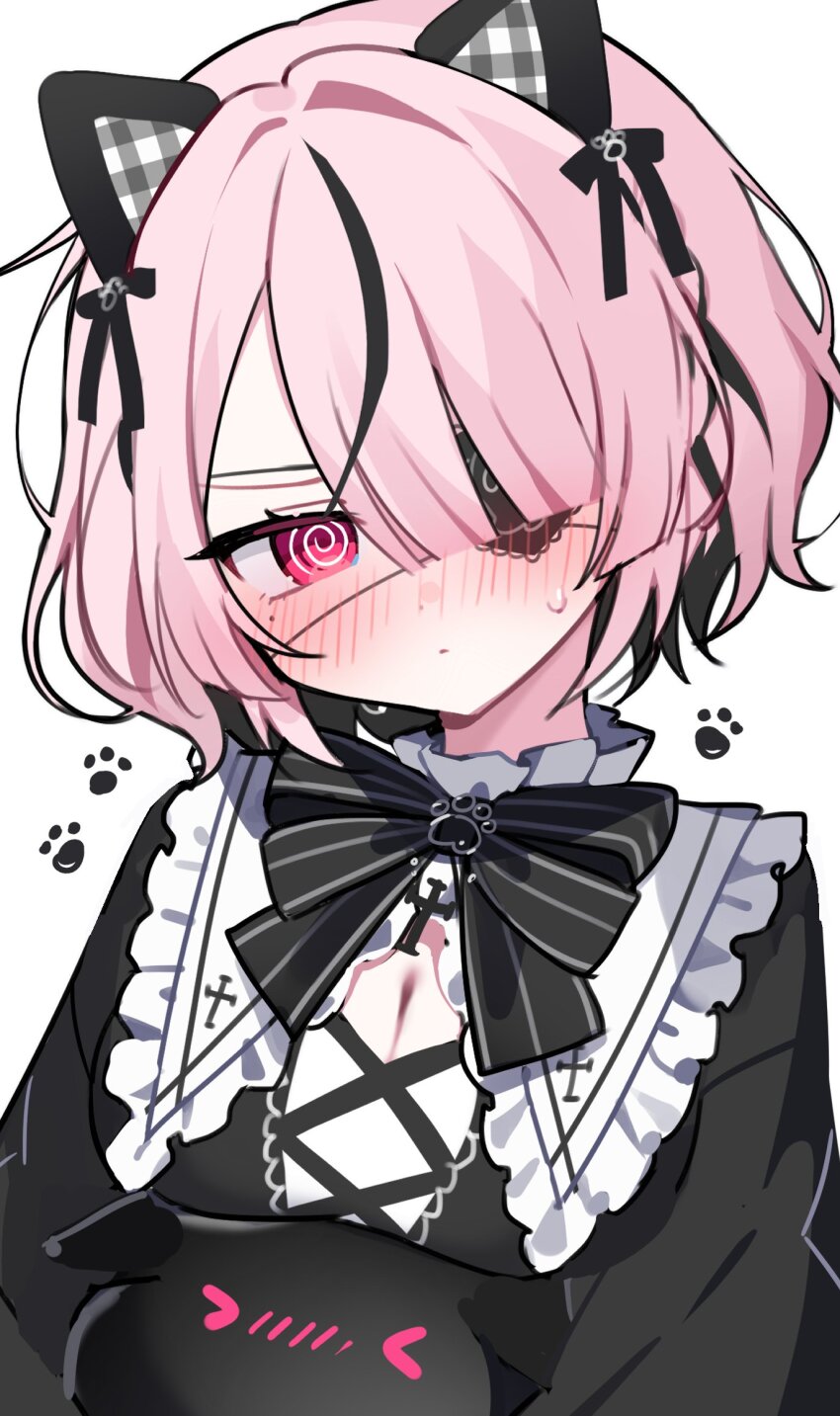 1girl @_@ animal_ear_hairband animal_ears black_dress black_nails black_ribbon cat_ear_hairband cat_ears dress eyepatch fake_animal_ears gothic_lolita hair_between_eyes hairband heart heart-shaped_pupils highres knees lolita_fashion medium_hair one_eye_covered original pink_eyes pink_hair ribbon symbol-shaped_pupils two-tone_dress waka_(wk4444) white_dress