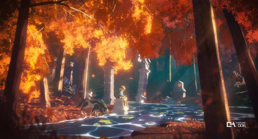 absurdres autumn_leaves blue_tunic boots brown_pants castlings fishing fishing_rod forest guardian_(zelda) highres holding holding_fishing_rod leaf leather leather_boots light_brown_hair lily_pad link nature nintendo pants pillar river scenery sitting the_legend_of_zelda the_legend_of_zelda:_breath_of_the_wild tunic wide_shot wolf_link
