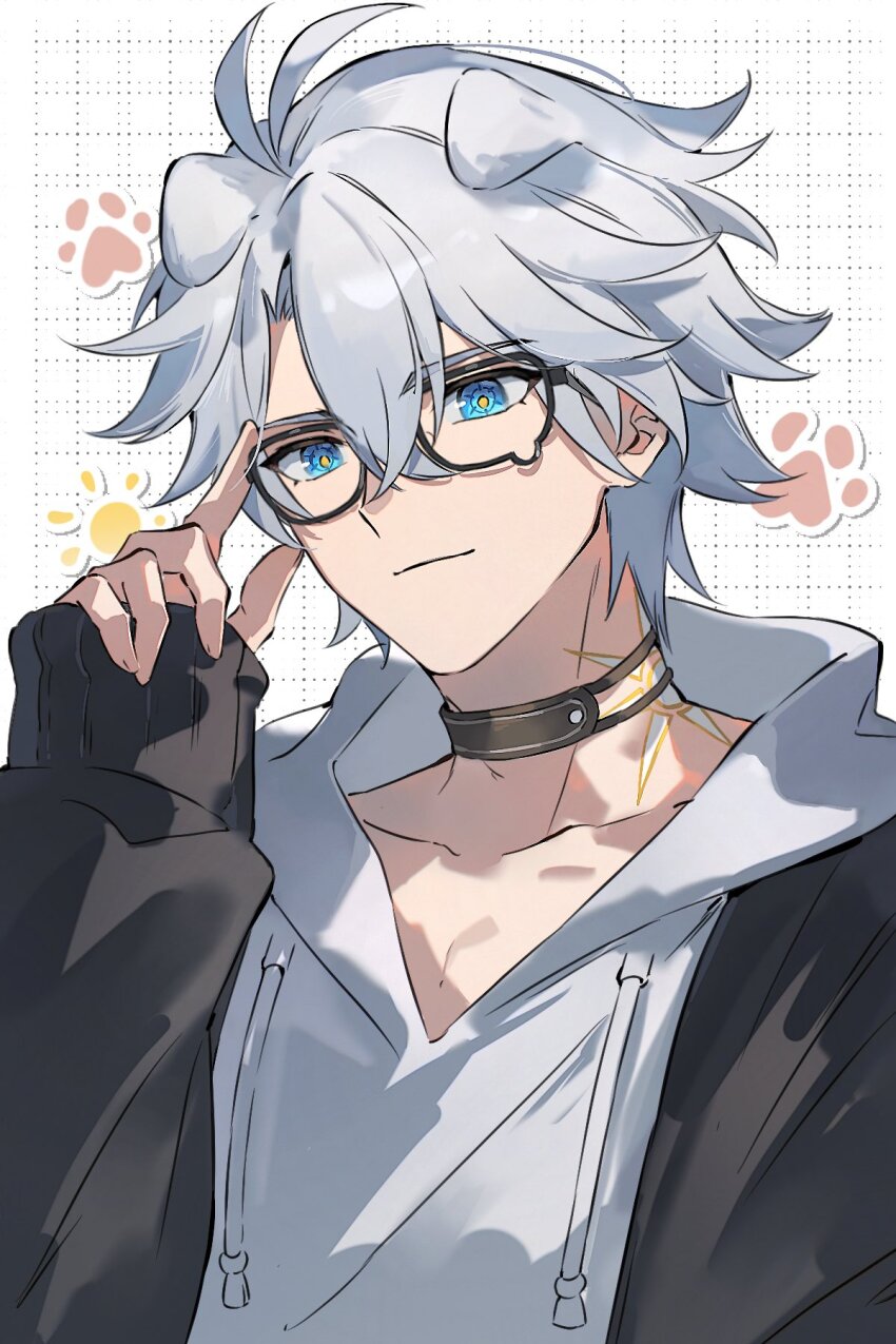 1boy blue_eyes casual closed_mouth glasses highres honkai:_star_rail honkai_(series) male_focus osamu18568716 phainon_(honkai:_star_rail) smile solo upper_body white_hair
