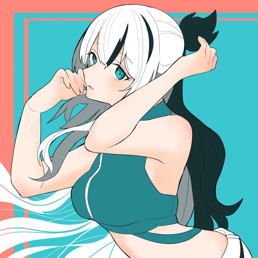 1girl 3ano3 aqua_eyes bare_shoulders black_hair crop_top cropped_torso fate/grand_order fate_(series) hair_bun hand_on_own_cheek hand_on_own_face highres long_hair looking_at_viewer multicolored_hair nagao_kagetora_(fate) parted_lips solo streaked_hair striped_clothes two-tone_hair uesugi_kenshin_(fate) white_hair