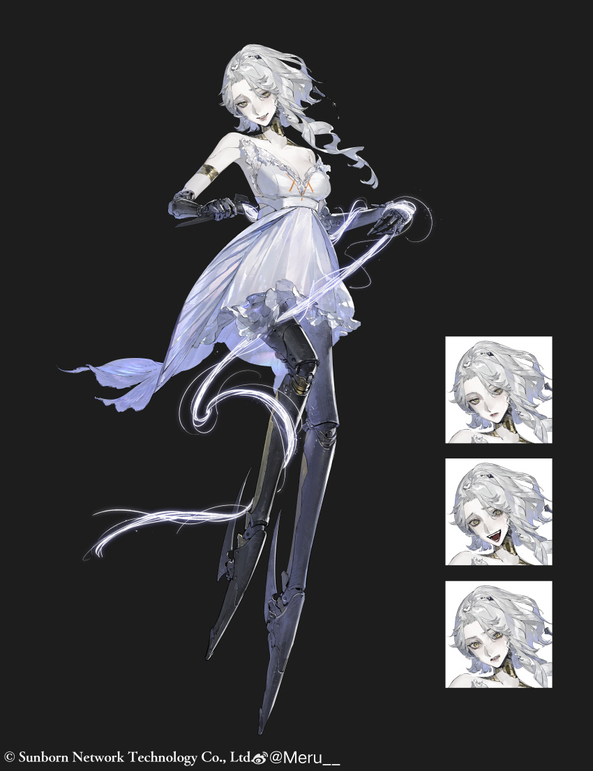 1girl absurdres bare_arms bare_shoulders black_background breasts character_request check_character chinese_commentary cleavage collarbone commentary company_name curly_hair curtained_hair cyborg dress earrings energy_whip forehead freckles frilled_dress frills full_body girls&#039;_frontline gold_earrings highres holding holding_weapon holding_whip jewelry joints mechanical_arms mechanical_legs medium_breasts meru02295238 multiple_expressions no_feet nyto_(girls&#039;_frontline) robot_joints seams simple_background solo strapless strapless_dress tachi-e watermark weapon weibo_username weibo_watermark white_dress white_hair yellow_eyes