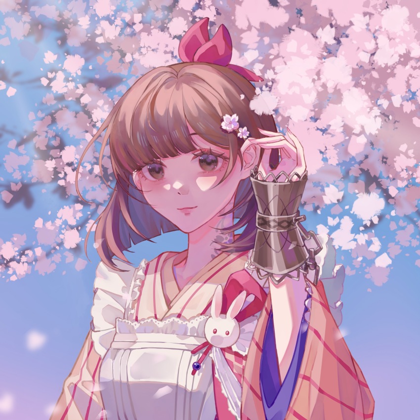 1girl absurdres adjusting_hair apron blue_background blunt_bangs blunt_ends bob_cut bow branch brown_eyes brown_hair cherry_blossoms cuffs flower frilled_apron frills gradient_background hair_bow hair_flower hair_ornament highres japanese_clothes kimono looking_at_viewer maid mofa_shaonu_yuan neck_tattoo pink_flower pink_kimono pinstripe_kimono pinstripe_pattern rabbit_ornament red_bow reverse:1999 satsuki_(reverse:1999) short_hair solo striped_clothes striped_kimono tattoo too_many_flowers upper_body vertical-striped_clothes vertical-striped_kimono wa_maid white_apron wrist_chain