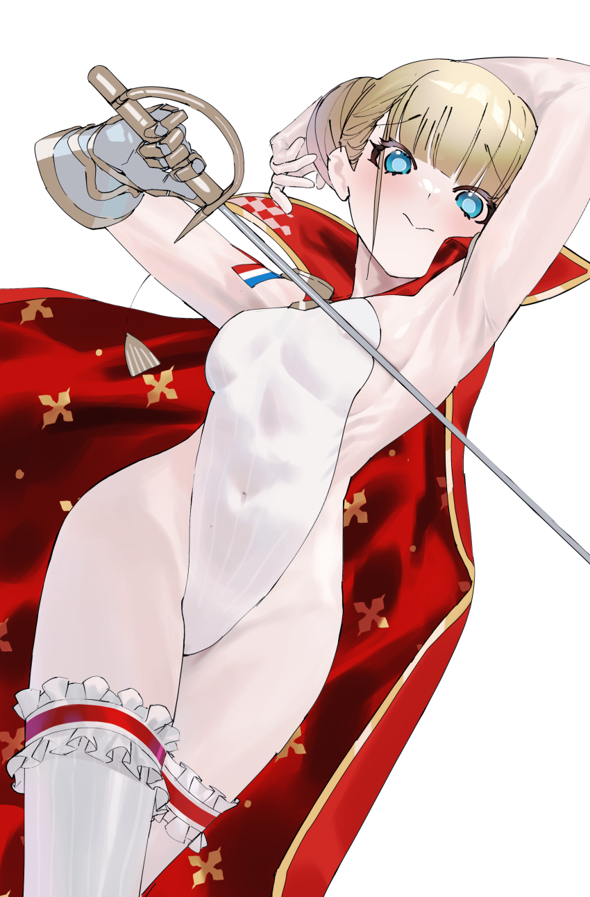 1girl absurdres arm_up armpits azur_lane blonde_hair blue_eyes blush breasts cape closed_mouth covered_navel frilled_thighhighs frills gauntlets hair_bun highres holding holding_sword holding_weapon le_triomphant_(azur_lane) leotard looking_at_viewer medium_breasts mr_nakedmans rapier red_cape short_hair simple_background single_gauntlet solo sword thighhighs weapon white_background white_leotard white_thighhighs