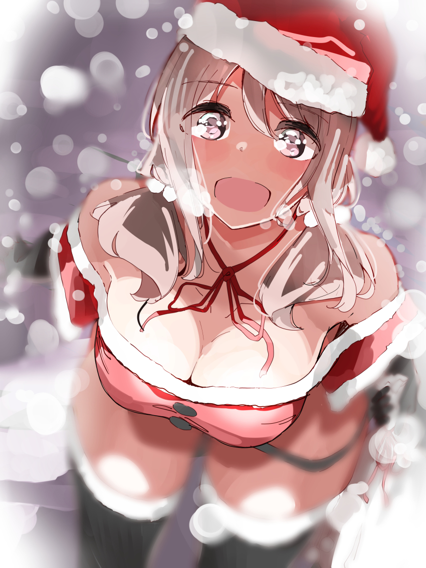 1girl absurdres bare_shoulders black_thighhighs blurry blurry_background blush bokeh breasts brown_eyes brown_hair christmas cleavage collarbone commentary_request depth_of_field downblouse dress fur-trimmed_dress fur-trimmed_headwear fur-trimmed_thighhighs fur_trim hair_between_eyes harukana_receive hat highres large_breasts leaning_forward long_hair looking_at_viewer neck_ribbon nyoijizai oozora_haruka_(harukana_receive) open_mouth red_ribbon ribbon santa_costume santa_hat snowing solo thighhighs thighs twintails