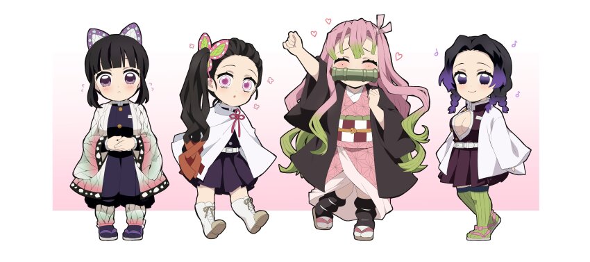 4girls absurdres bit_gag black_hair breasts brown_hair bug butterfly butterfly_hair_ornament closed_eyes closed_mouth cosplay costume_switch demon_slayer_uniform gag geta hair_ornament hair_ribbon haori highres insect japanese_clothes kamado_nezuko kamado_nezuko_(cosplay) kanroji_mitsuri kanroji_mitsuri_(cosplay) kimetsu_no_yaiba kimono kochou_shinobu kochou_shinobu_(cosplay) long_hair long_sleeves looking_at_viewer medium_breasts mole mole_under_eye multicolored_hair multiple_girls open_mouth pink_eyes pink_hair pink_kimono pink_ribbon ponytail pori_(kmt_pori) purple_eyes purple_hair ribbon sandals side_ponytail smile thighhighs tsuyuri_kanao tsuyuri_kanao_(cosplay) very_long_hair zouri