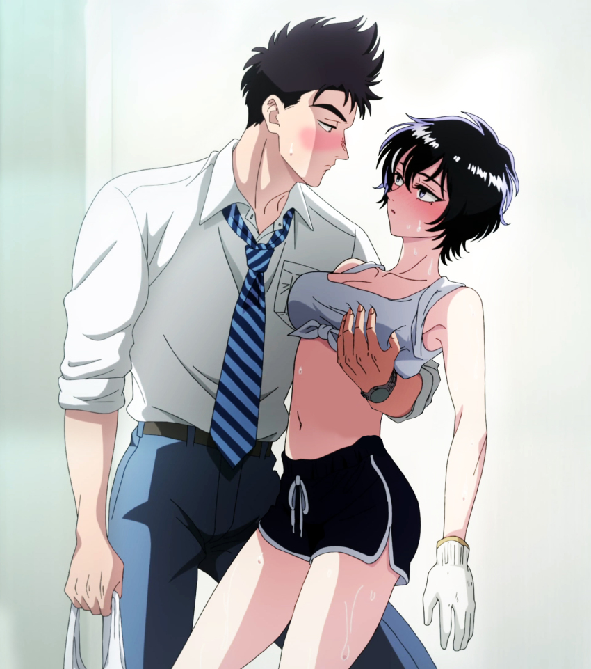 1boy 1girl bag black_hair blacktigerboss blue_necktie blush breasts brown_eyes brown_hair closed_mouth collarbone collared_shirt crop_top dolphin_shorts gloves grabbing_another&#039;s_breast groping highres holding holding_bag kowloon_generic_romance kujirai_reiko large_breasts looking_at_another mole mole_under_eye navel necktie open_mouth pants plastic_bag purple_eyes shirt short_hair short_shorts shorts spiked_hair tank_top white_gloves