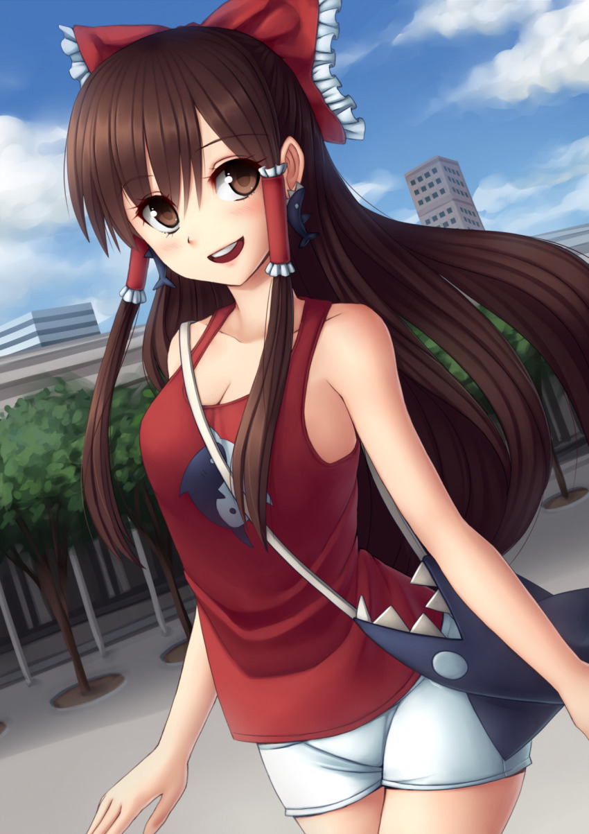 1girl alternate_costume bag bare_arms bare_shoulders blush bow breasts brown_eyes brown_hair casual cleavage colorized contemporary earrings female_focus hair_bow hair_ornament hair_ribbon hair_tubes hakurei_reimu highres jewelry long_hair looking_at_viewer monorus open_mouth ribbon shark short_shorts shorts sleeveless smile solo standing sunimu tank_top touhou yin_yang
